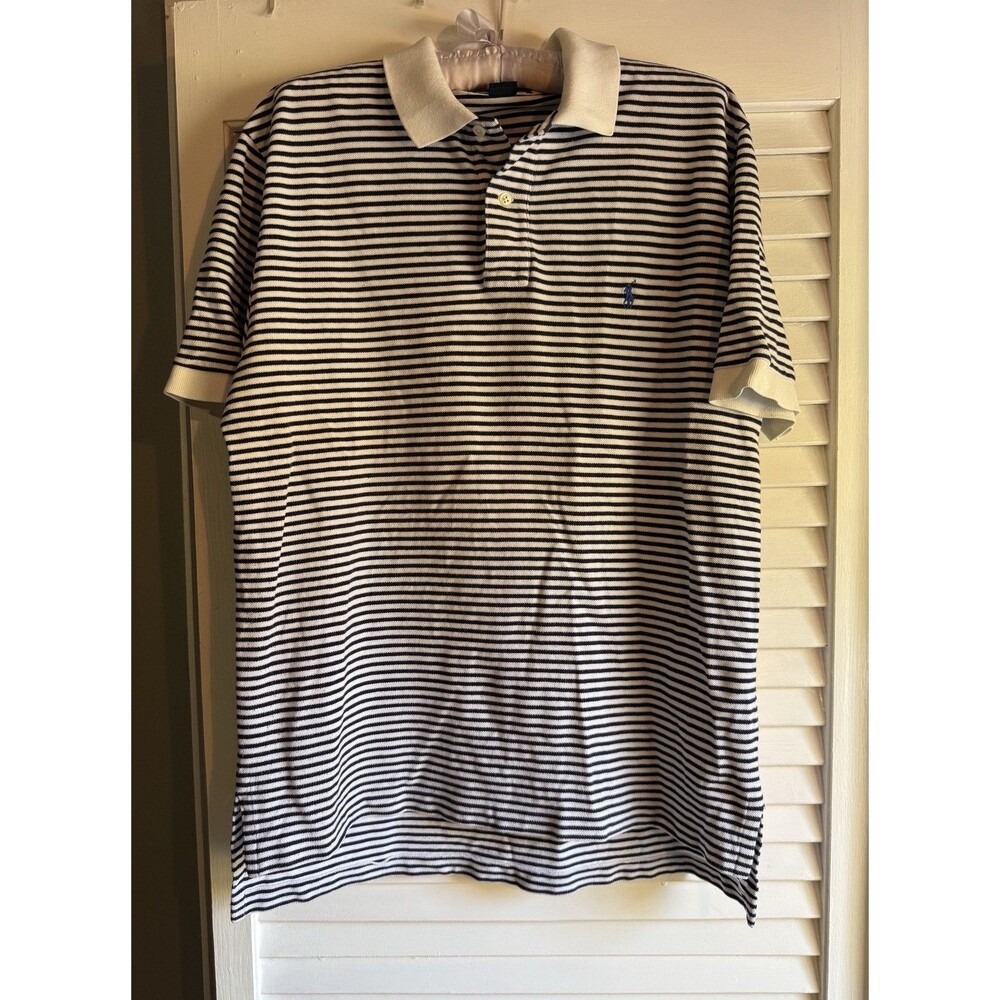 Polo by Ralph Lauren Mens L Striped White Navy Cotton Polo Shirt Preppy Nautical